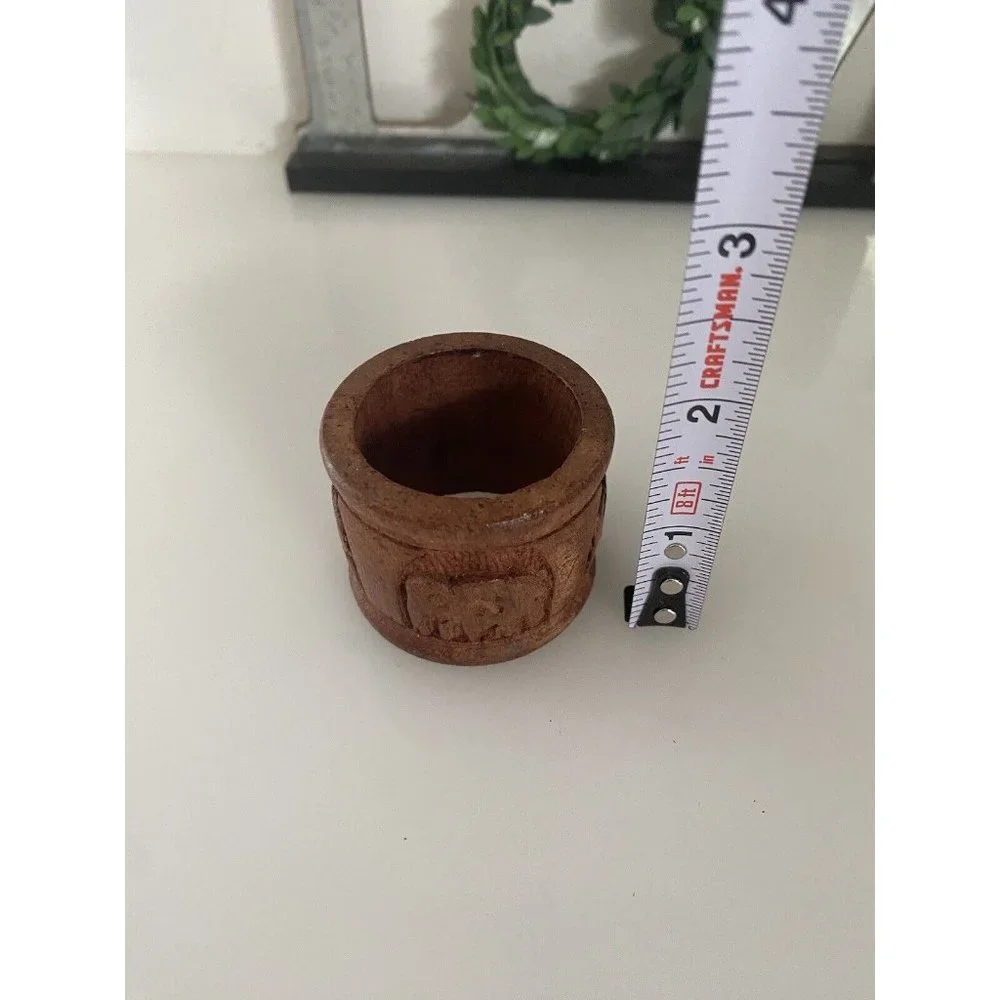 Vintage Elephant Retro Boho Hand Carved Wood Napkin Rings Holders India Set Of 8